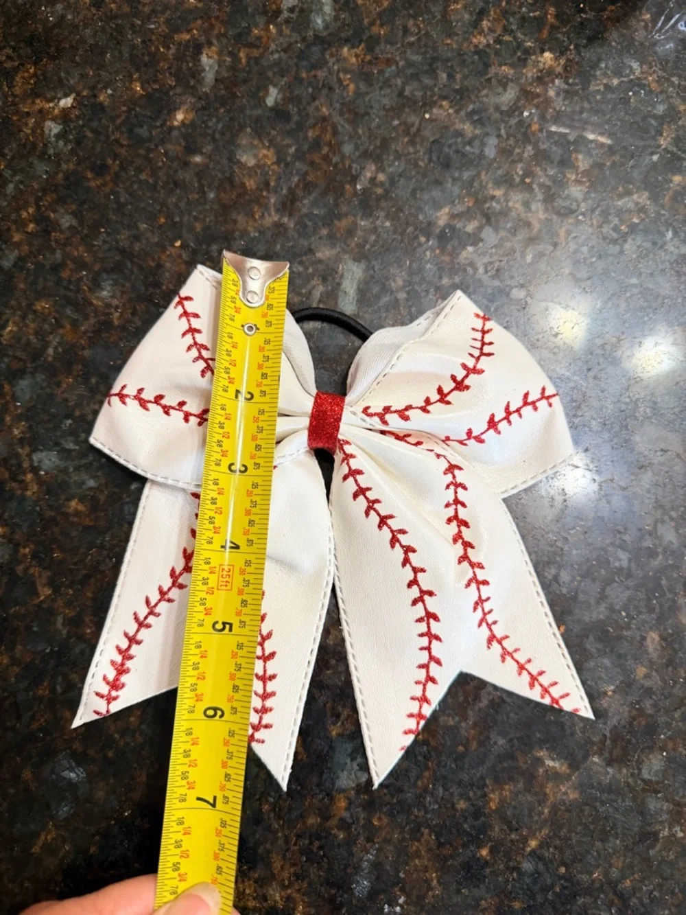 NWOT Vegan Leather White Baseball Red Stitch Bow Pony Tail Holder - Picture 6 of 6